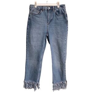 Topshop Women’s Moto Fringed Crop Hem High Waist Medium Wash Jeans Size 28 Capri